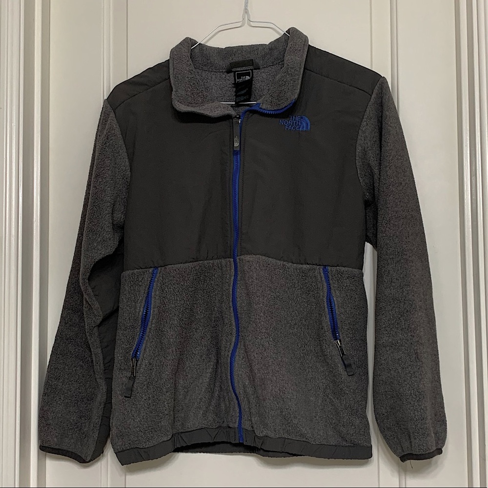 Grey and blue North Face jacket